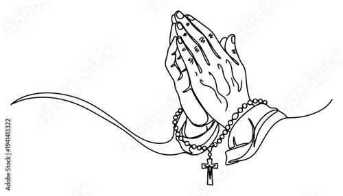 Praying hands holding rosary beads in minimalist continuous one line art style