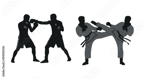 Martial artists demonstrating fighting stances and techniques black silhouette