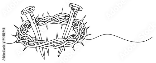 Crown of thorns and nails symbol of crucifixion in minimalist line art style