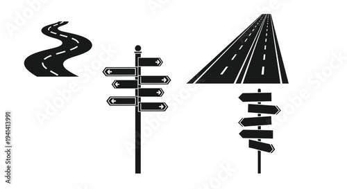 Roads signposts and directional arrows shown in black silhouette