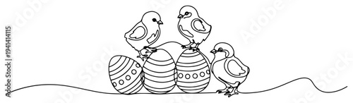 Easter chicks with decorated holiday eggs continuous line art style