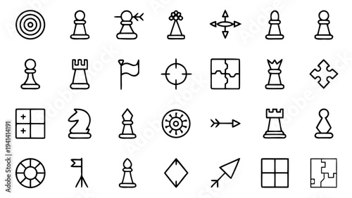 A white linear outline icon of a chess knight piece viewed from the side on a solid black background used for strategy concepts.