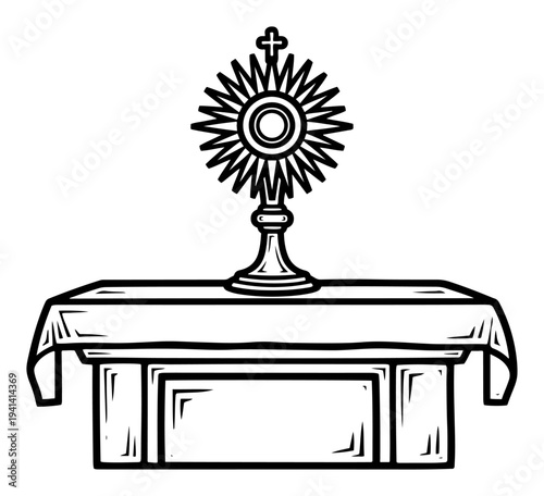 Monstrance on church altar for eucharistic adoration in woodcut engraving style