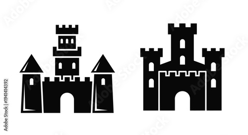 Two black castle silhouettes stand prominently against a white background silhouette