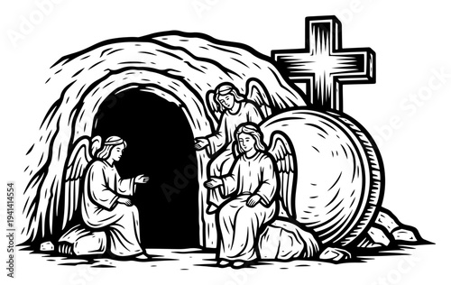 Empty tomb of Jesus with angels for resurrection in detailed engraving style