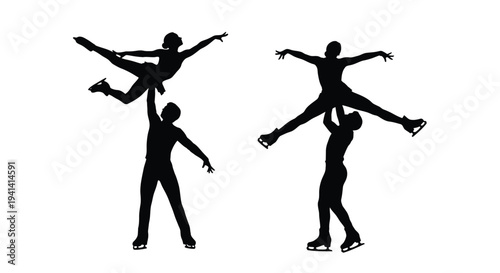 Pair figure skaters performing a lift in a striking silhouette