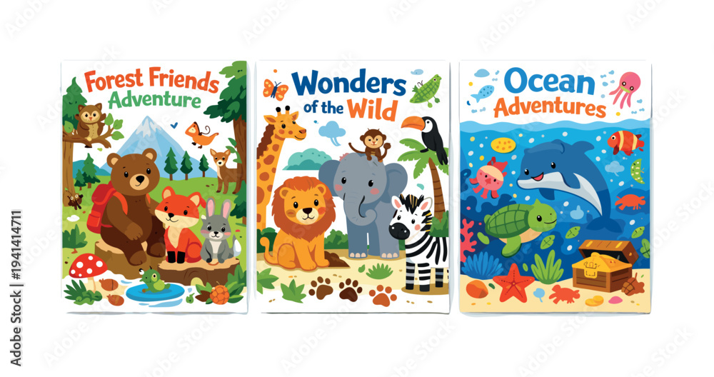 Fototapeta premium Cute cartoon animals in forest, savanna, and ocean adventures for children