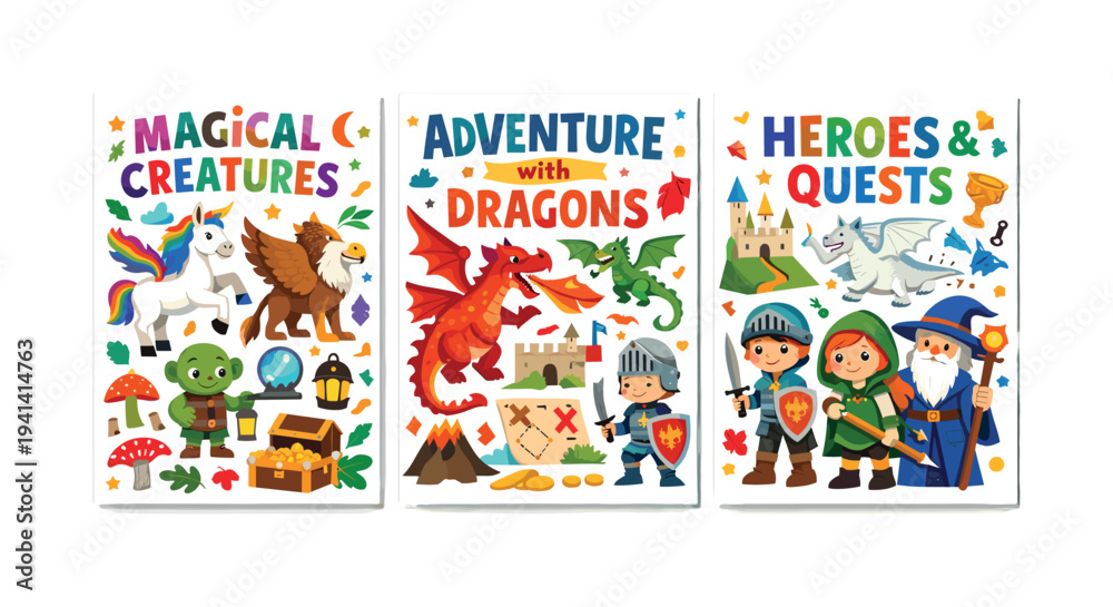 Fototapeta premium Fantasy adventure illustrations with mythical creatures, knights, and dragons