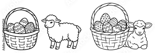 Easter lambs and wicker baskets with decorated eggs in outline style