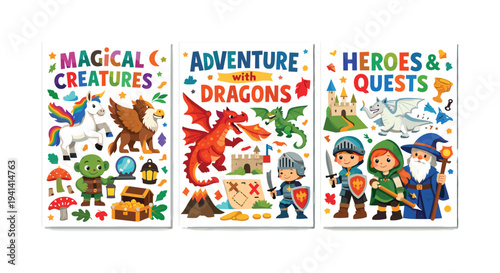 Fantasy adventure illustrations with mythical creatures, knights, and dragons