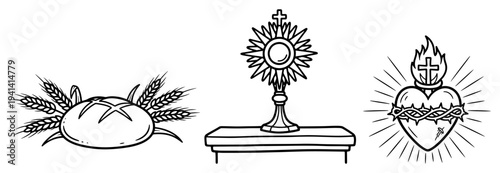 Eucharistic symbols featuring monstrance on altar and sacred heart in woodcut engraving style
