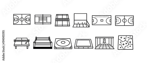 Collection of stylized sports fields and arenas in a minimalist line art design