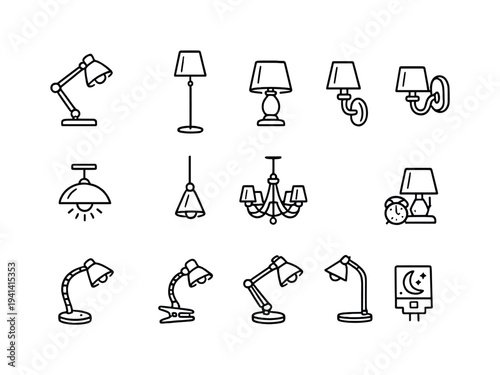 Collection of various lighting fixture icons in a clean, modern outline style