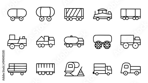 A single faint vertical grey line is visible against a deep black background which serves as a canvas for thirty truck related outline icons.