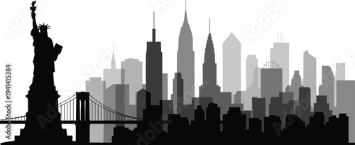 Black and white silhouette illustration of New York City skyline with Statue of Liberty, Brooklyn Bridge, skyscrapers, iconic architecture, urban design
