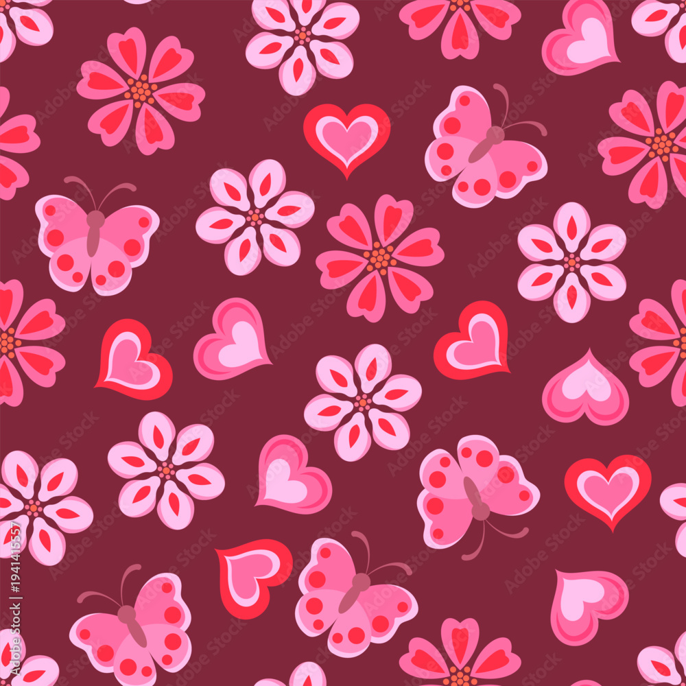 Fototapeta premium Seamless pattern with pink flowers, butterflies, and hearts on a dark background. Vector cartoon flat illustration.