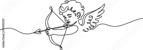 Cupid with bow and arrow continuous line drawing. One line art of love, relationship, lovers, wings, fly, feelings, angel, cupid, protector of lovers, symbolism, valentine.