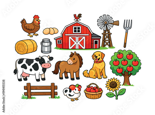 Charming cartoon farm animals and elements collection with barn and windmill