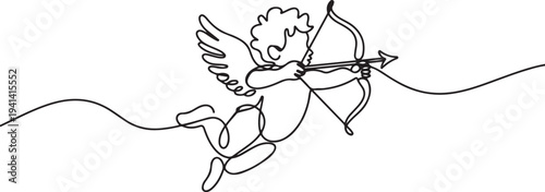 Cupid with bow and arrow continuous line drawing. One line art of love, relationship, lovers, wings, fly, feelings, angel, cupid, protector of lovers, symbolism, valentine.