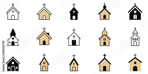 Church icon set flat vector illustration featuring Christian chapel buildings and religious architecture symbols isolated on light background for faith religion design.
