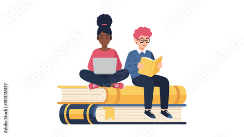 Two Individuals Studying on Book Stack with Laptops in Vector Illustration