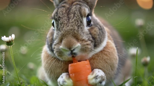 Cute rabbit eating fresh carrot in green grass close up nature wildlife