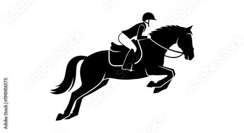 Equestrian riding horse in mid-gallop, illustration of jockey in action from side view