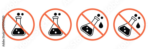 Chemical free prohibited signs vector illustration, no additives, no toxic, no preservatives safety symbols, warning icons for health and product safety design.