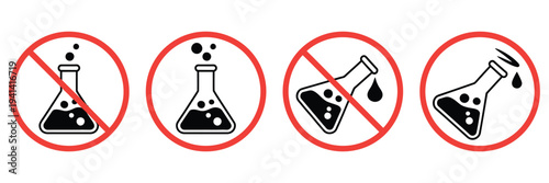 Chemical free prohibited signs vector illustration, no additives, no toxic, no preservatives safety symbols, warning icons for health and product safety design.