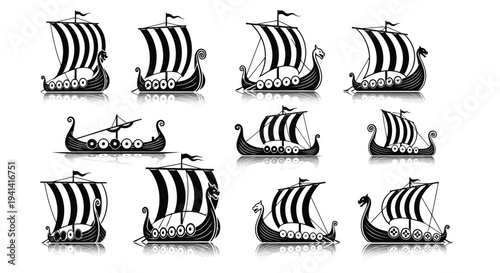 Collection of Black and White Viking Ship Silhouettes