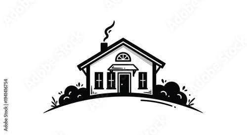 Black and White Illustration of a House on a Hill home
