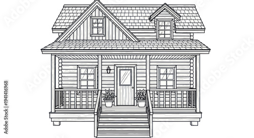 Cozy Log Cabin House Sketch with Porch and Dormers