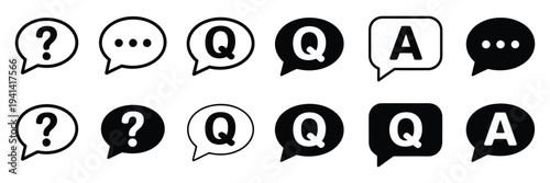 Chat question and answer icon set, help speech bubble vector illustration