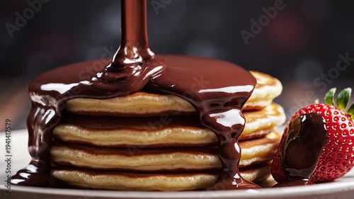 Stacked golden brown pancakes with chocolate syrup drizzle and fresh strawberries on white plate