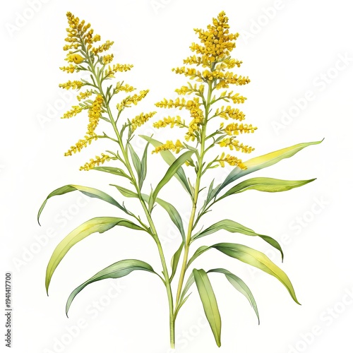 Goldenrod Watercolor Illustration: Bright Yellow Floral Stalk Isolated on White Background, Decorative Element for Botanical Designs and Crafts