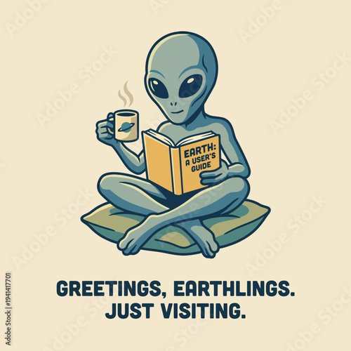 An extraterrestrial being sits cross-legged, reading a book titled 'Earth: A User's Guide' while sipping coffee, showcasing curiosity and a playful perspective on Earth.