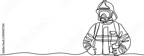Continuous one line drawing of the firefighter in protective uniform.one line Vector graphic illustration