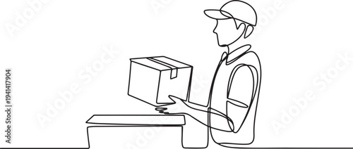 Minimalist one line drawing of delivery person holding cardboard package at counter in side profile view