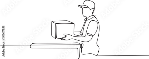 Minimalist one line drawing of delivery person holding cardboard package at counter in side profile view
