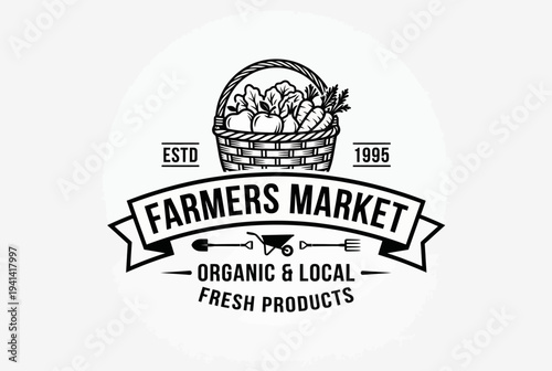 A beautifully designed logo for a farmers market showcasing a basket filled with fresh produce, illustrating the importance of local food sourcing and community support.