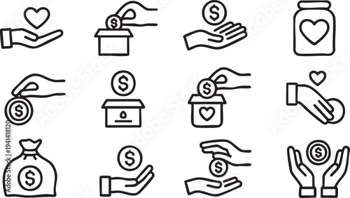 Collection of line icons symbolizing donation charity and financial help for good causes
