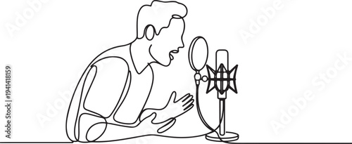someone is explaining something in podcsat in front of professional microphones.one line Vector graphic illustration