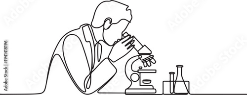 Continuous one line drawing of a scientist using a microscope in a laboratory, minimal outline vector illustration of medical research scene.one line Vector graphic illustration