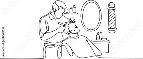One continuous line drawing of a barber is shaving his customer in the barbershop vector illustration. Barbershop activity.one line Vector graphic illustration