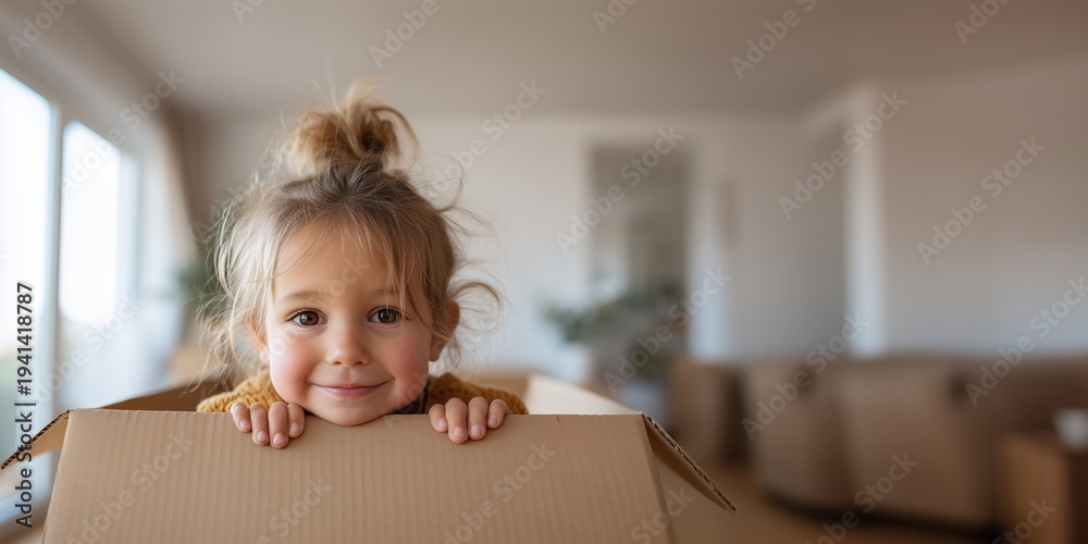 Fototapeta premium Cute little girl inside cardboard moving box at home. Family relocation and moving day concept. Child playing during house move.