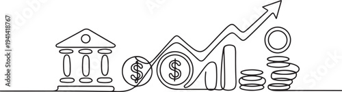 Continuous one line drawing Bank and Finance concept.one line Vector graphic illustration