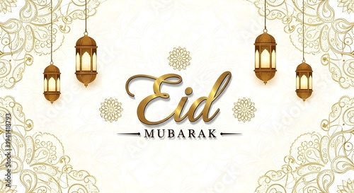 Celebration banner for the joyous eid mubarak festival with decorative lanterns.