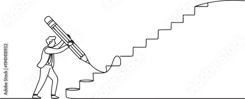 Drawing of businessman use huge pencil draw staircase climbing up ladder concept of business development.one line Vector graphic illustration