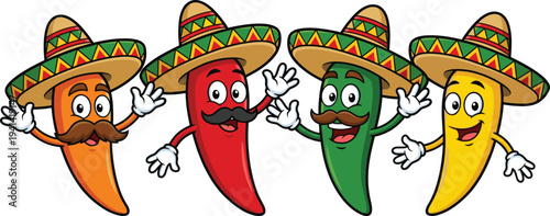 Funny chili pepper cartoon characters wearing sombrero hats, Mexican food mascots with mustache, festive spicy pepper illustration set