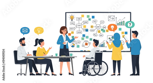 Vector illustration of diverse business team collaborating around whiteboard